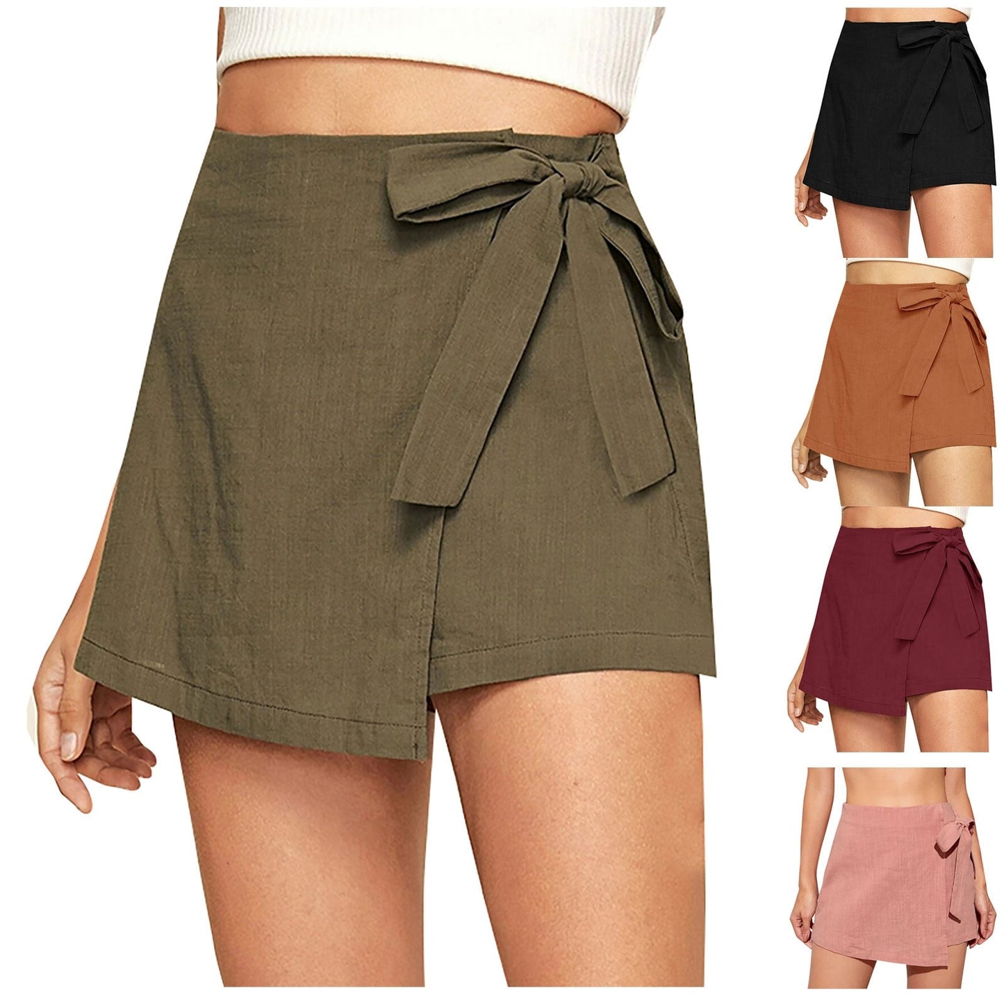 JuliaFashion-Cotton Linen High Waist Lace-up Shorts