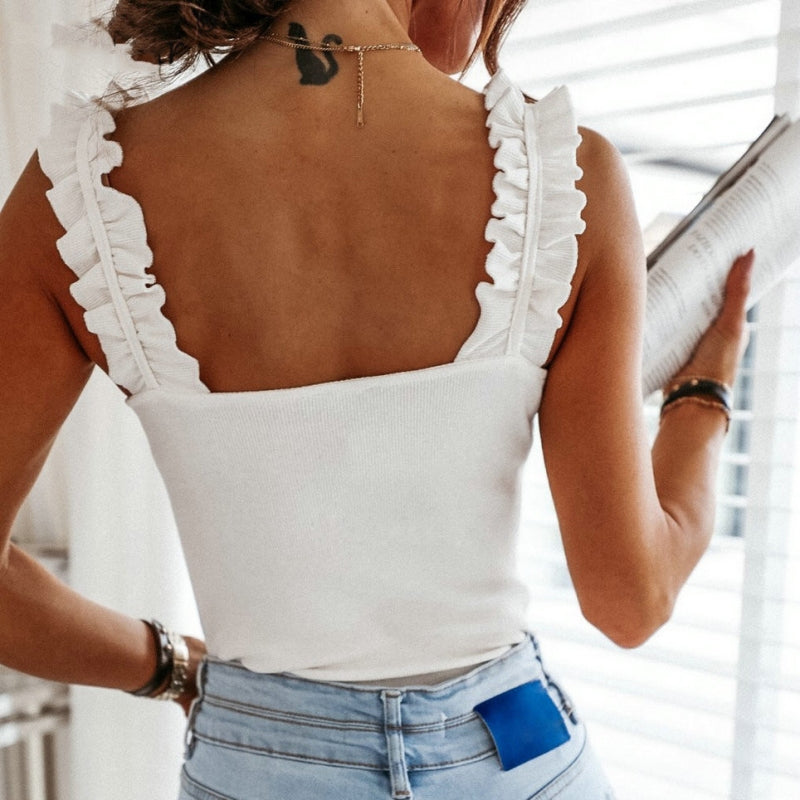 JuliaFashion - 2024 Women Square Collar Casual Basic Ribbed Slim Ruffles Tops