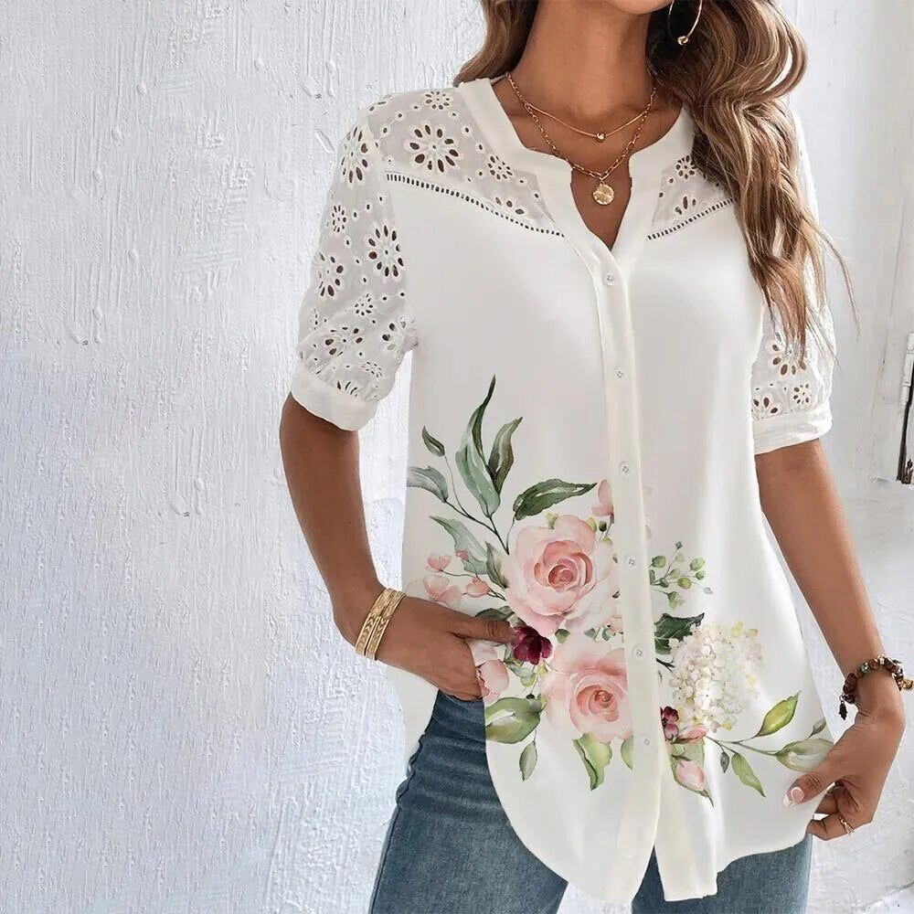 JuliaFashion-Elegant Lace Short Sleeve Blouses