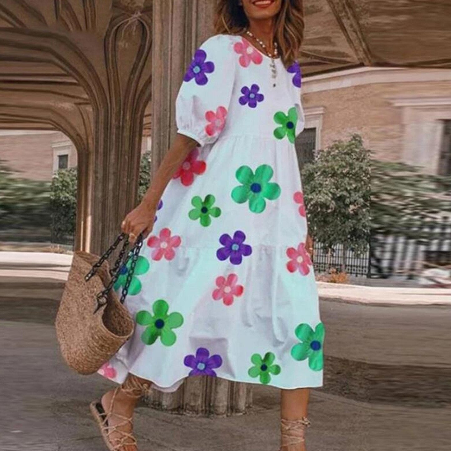 JuliaFashion - 2024 Vintage Square Collar Floral Boho Dress