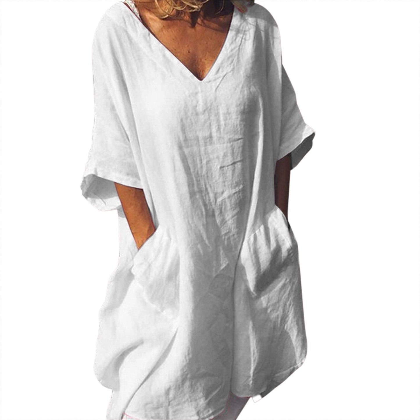 JuliaFashion-Oversize V-Neck Short Sleeve Summer Dress