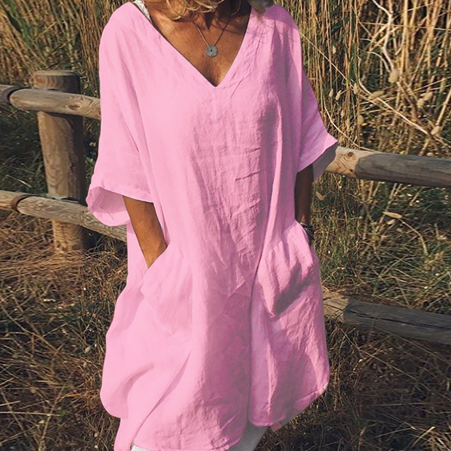 JuliaFashion-Oversize V-Neck Short Sleeve Summer Dress