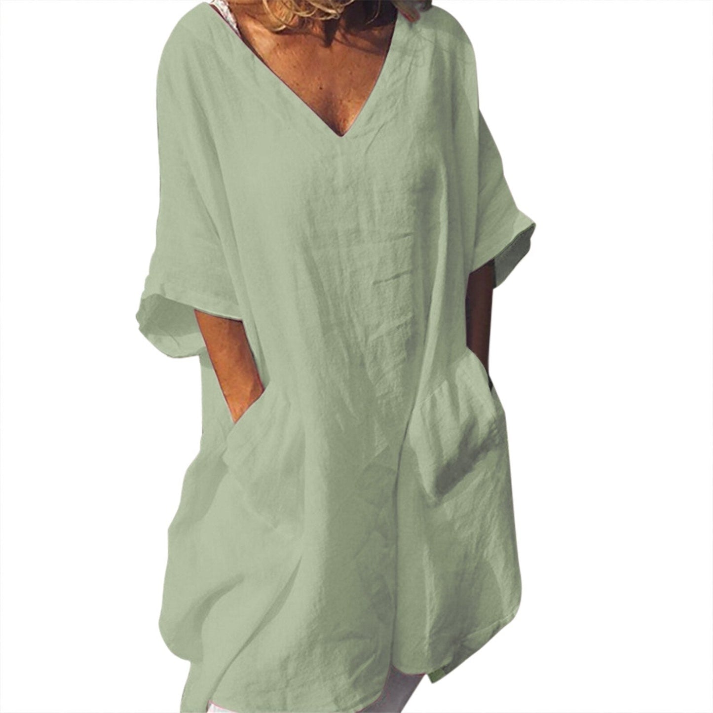 JuliaFashion-Oversize V-Neck Short Sleeve Summer Dress