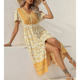 JuliaFashion-2024 Casual Printing Waist Tie-Up Boho Dress