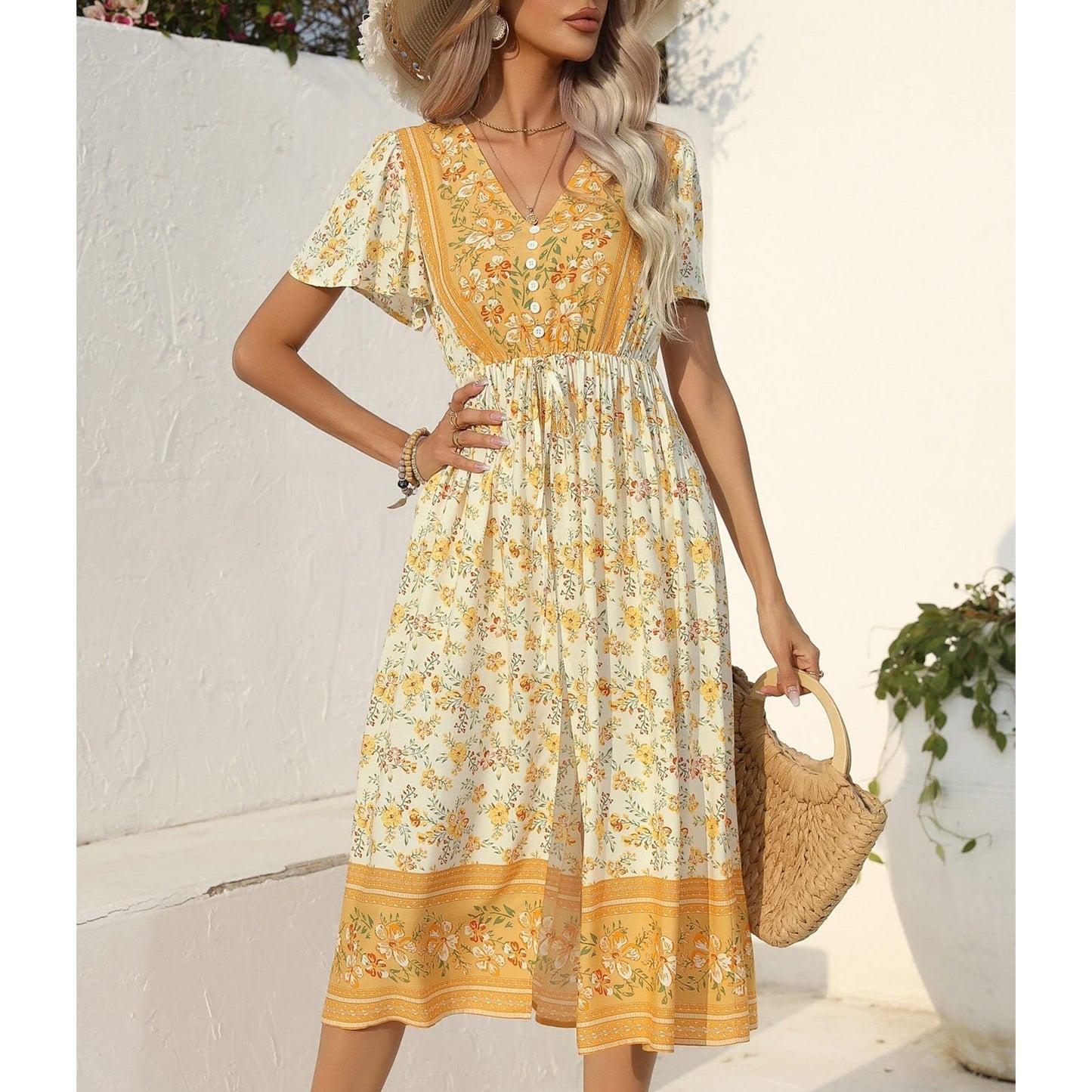 JuliaFashion-2024 Casual Printing Waist Tie-Up Boho Dress
