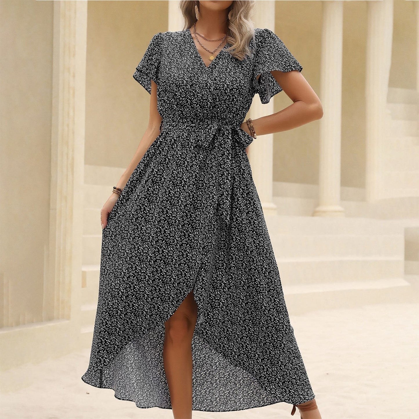 JuliaFashion - 2024 Sexy Vintage V-Neck Waist Tie-Up Boho Dress