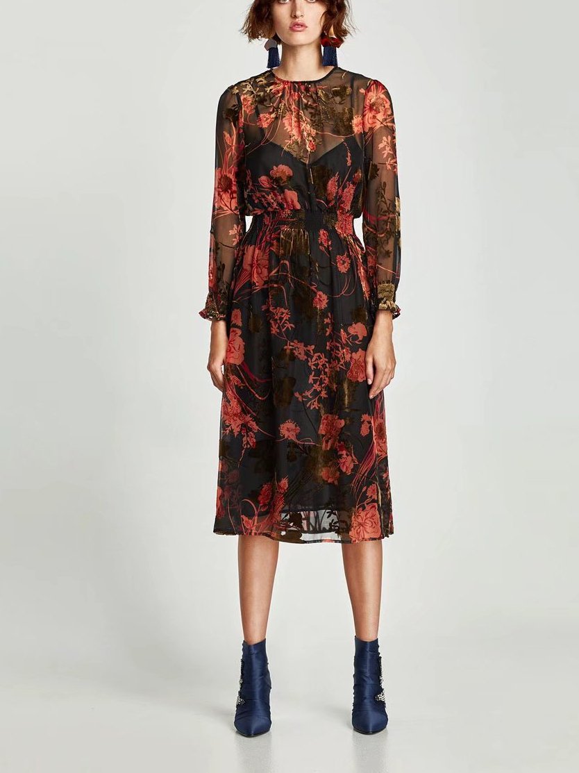 JuliaFashion - 2024 Weekend Getaway Floral Mesh Midi Dress