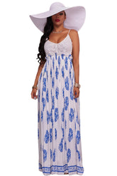 JuliaFashion - White Blue Print Open Back Maxi Dress