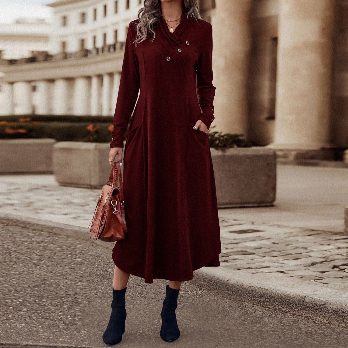 JuliaFashion-Elegant Lapel Slim Solid Pockets Midi Dress