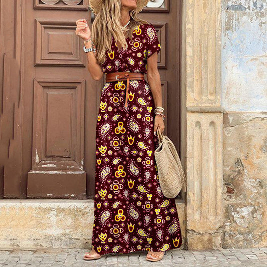 JuliaFashion - 2024 Women Bohemian Floral Print V-Neck Short Sleeve Dress