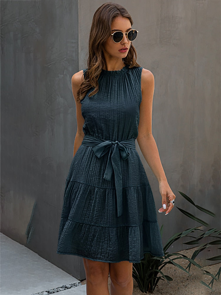 JuliaFashion - 2024 Solid Color Ruched Bow Short Party Beach Dress