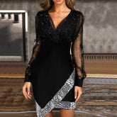 JuliaFashion - 2024 Women Elegant V-neck Sequin Party Mesh Irregular Mini Dress