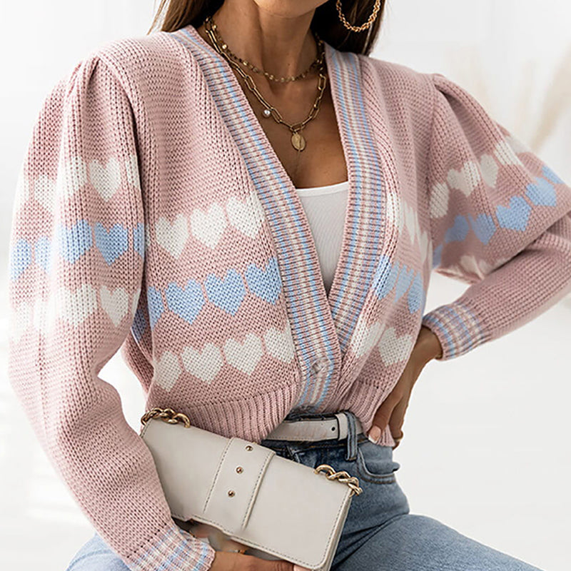 Women Fashion Button Front Heart Knitted Tops