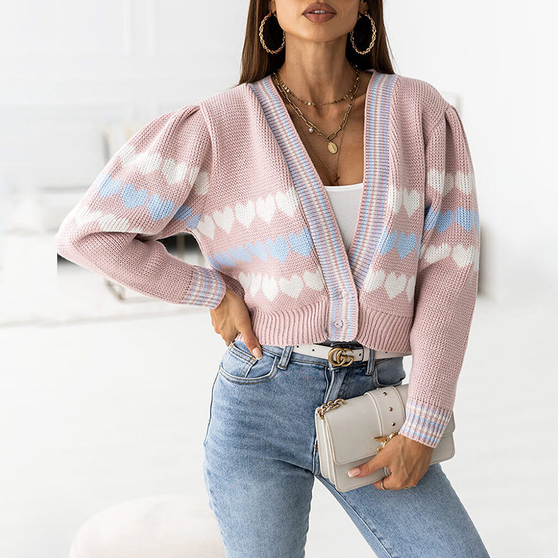 Women Fashion Button Front Heart Knitted Tops