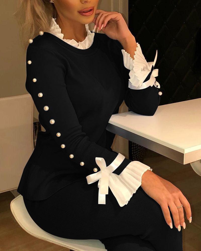 Women Fashion Casual Bowknot Cuff Pullovers Tops