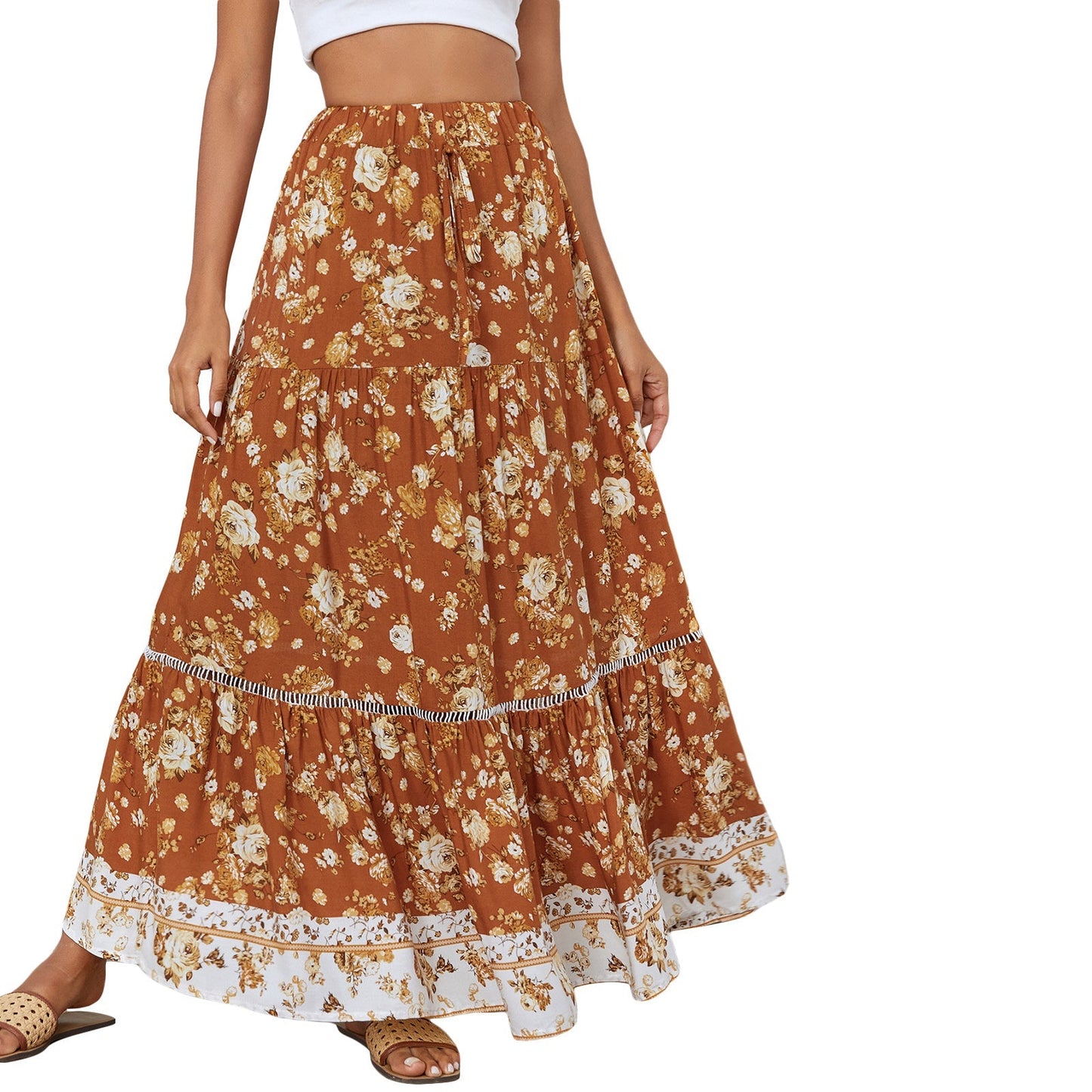 JuliaFashion - 2024 Women Floral Pattern Elastic High Waist Vintage Midi Skirts