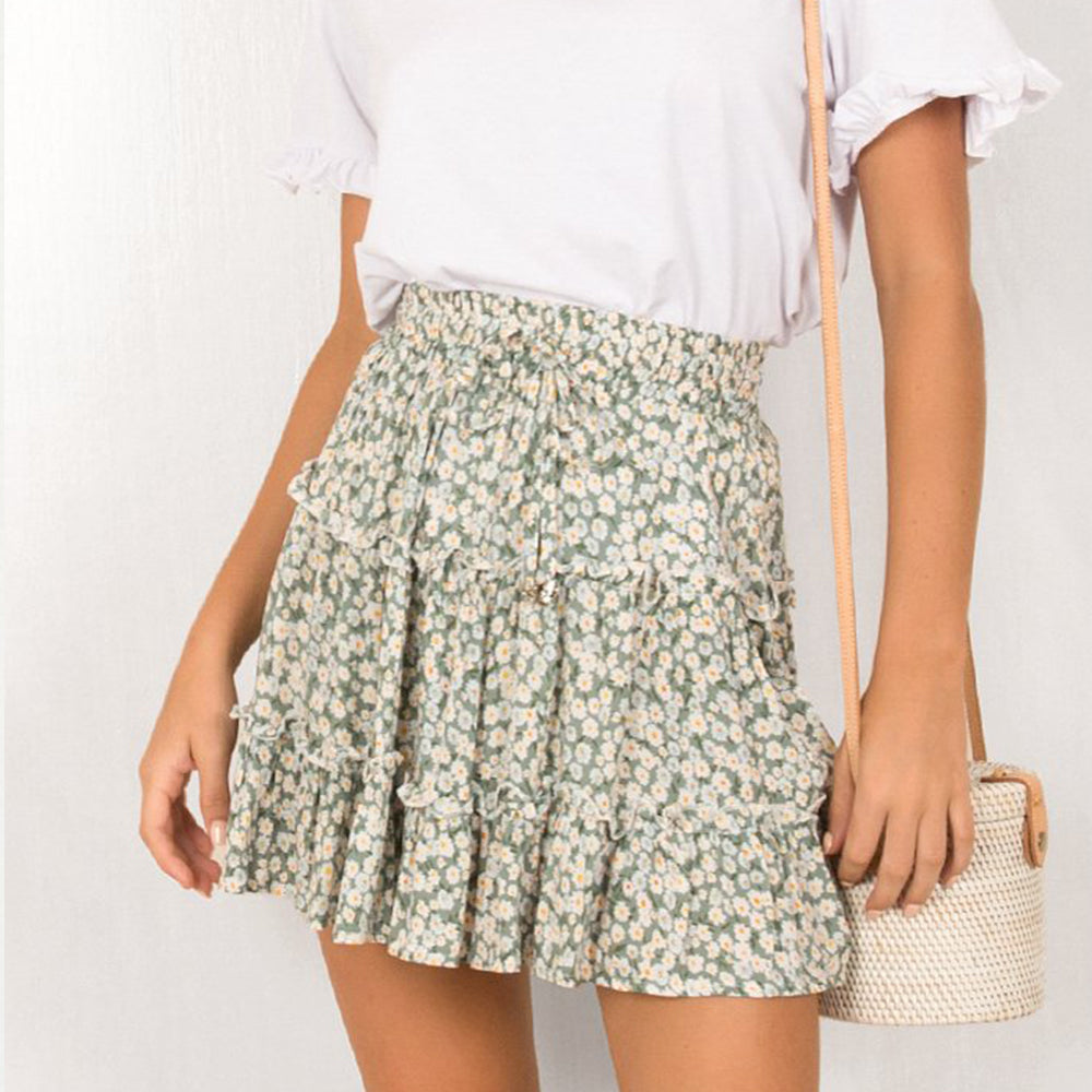 JuliaFashion - 2024 Women Floral Print High Waist Ruffled Beach Short Skirt