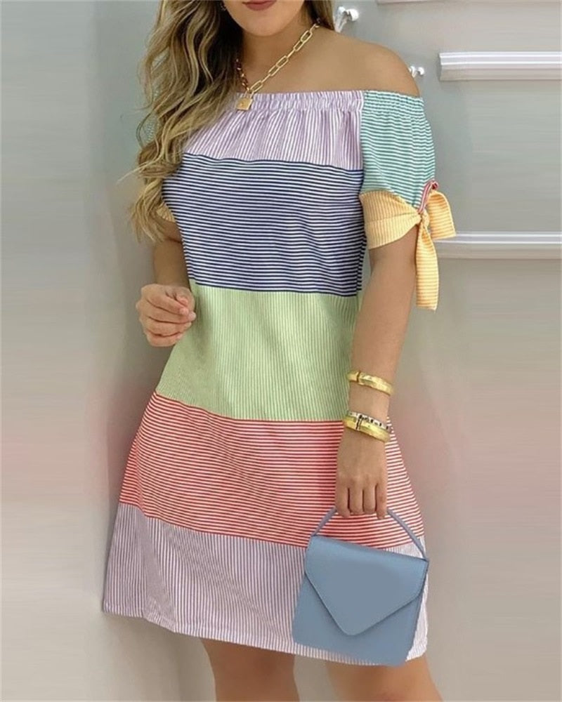 JuliaFashion - 2024 Women Off Shoulder Summer Mini Dress Short Sleeve Bow Tie Striped Plaid Floral Vestidos