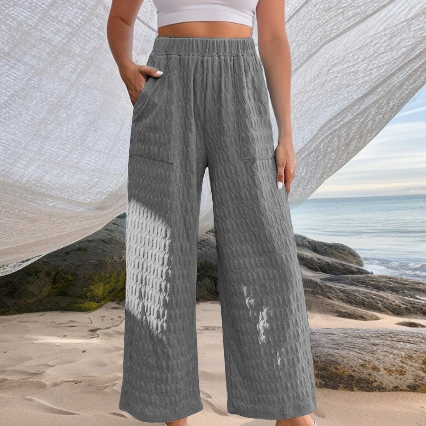 JuliaFashion-Casual Elastic Waistband Solid Color Pants
