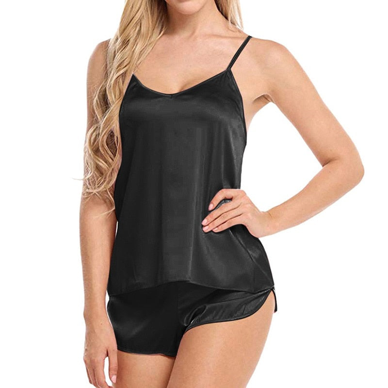 JuliaFashion-Casual Satin Silk Solid Color Pajamas Set