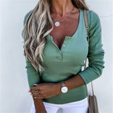 JuliaFashion - 2024 Women Sexy Slim V-Neck Buttons Long Sleeve Solid Color Tee Shirt