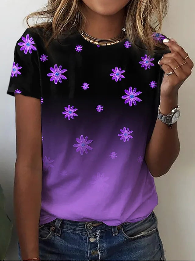 JuliaFashion - 2024 Women Summer Casual Holiday Weekend Floral Painting T-Shirt