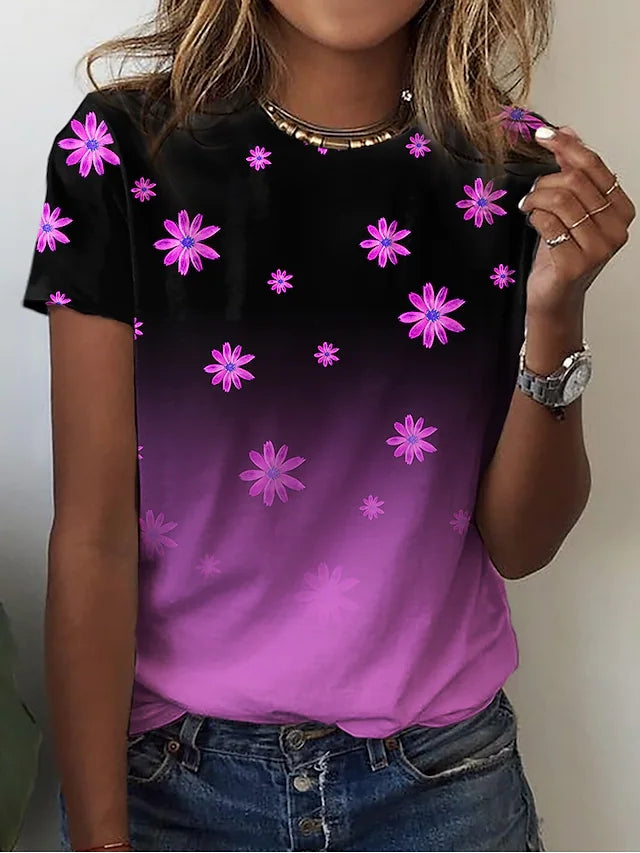 JuliaFashion - 2024 Women Summer Casual Holiday Weekend Floral Painting T-Shirt