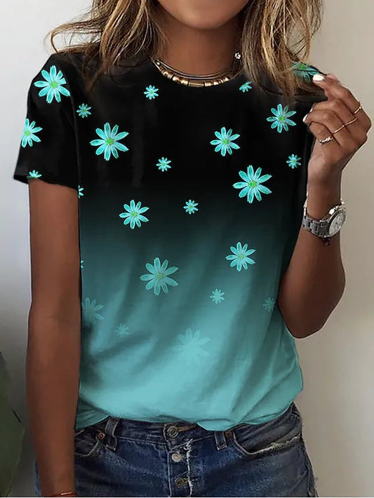 JuliaFashion - 2024 Women Summer Casual Holiday Weekend Floral Painting T-Shirt