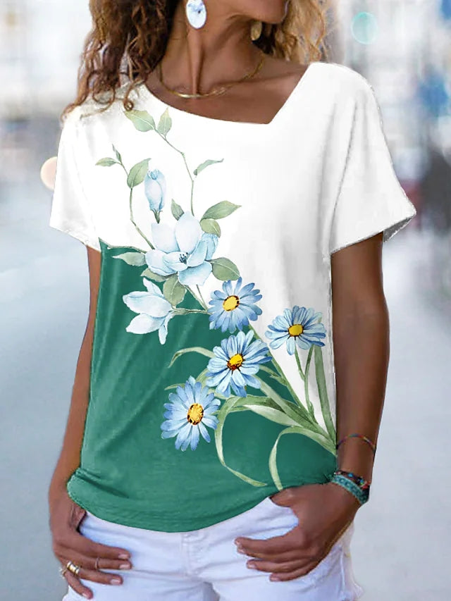 JuliaFashion - 2024 Women Colorblock Short Sleeve Floral Painting T-Shirt