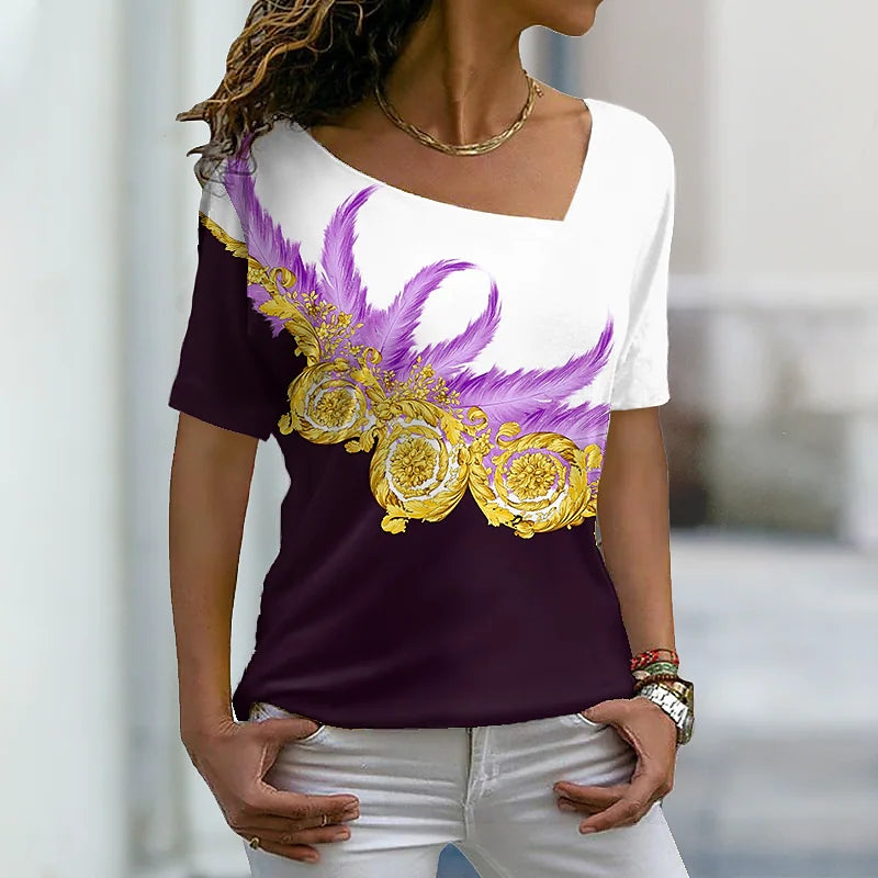 JuliaFashion - 2024 Women's Summer Abstract Vintage Prints Short Sleeves V-Neck Pullover