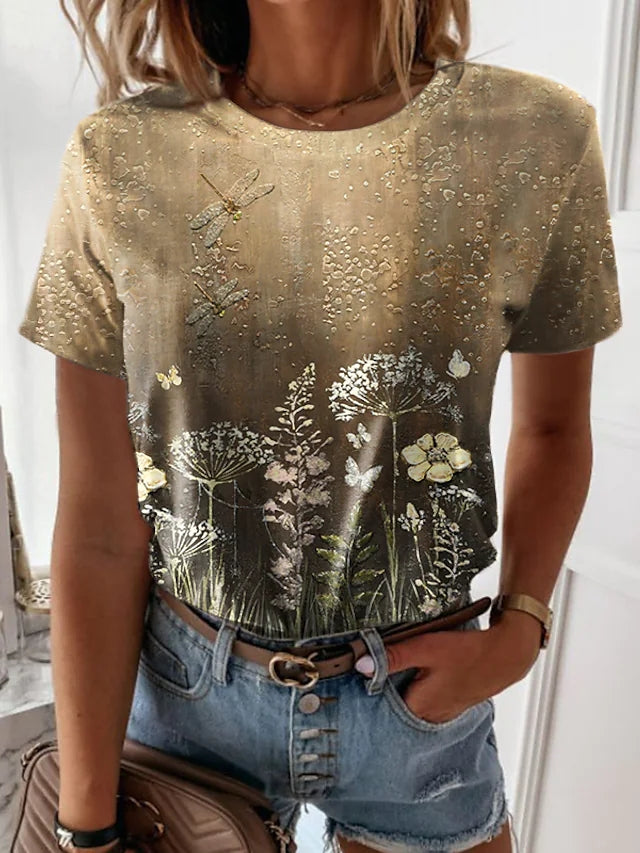 JuliaFashion - 2024 Women's Casual Holiday Weekend Floral Painting T Shirt