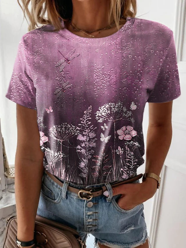 JuliaFashion - 2024 Women's Casual Holiday Weekend Floral Painting T Shirt