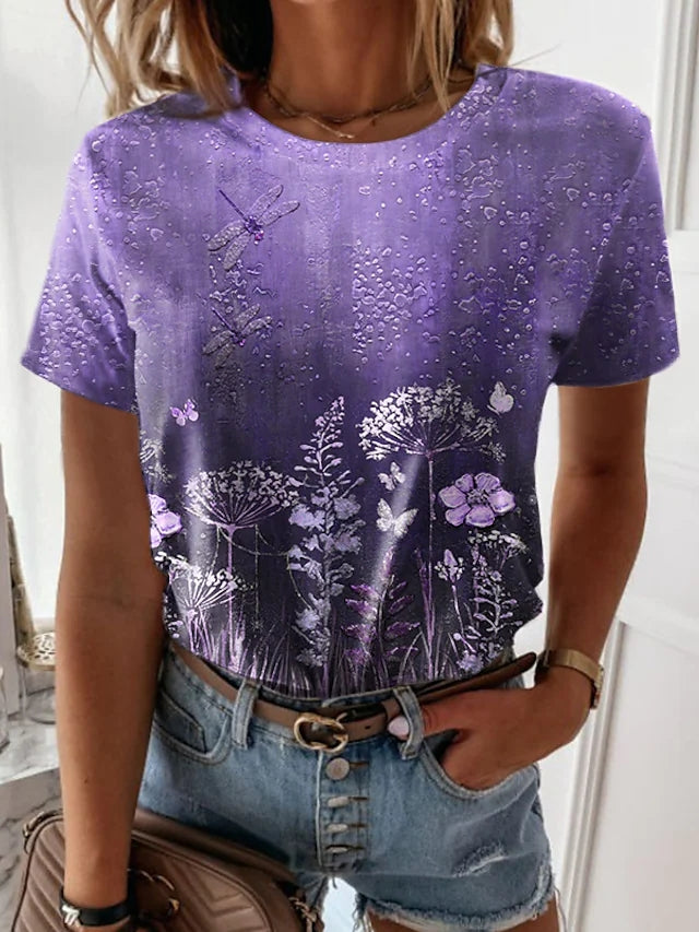 JuliaFashion - 2024 Women's Casual Holiday Weekend Floral Painting T Shirt