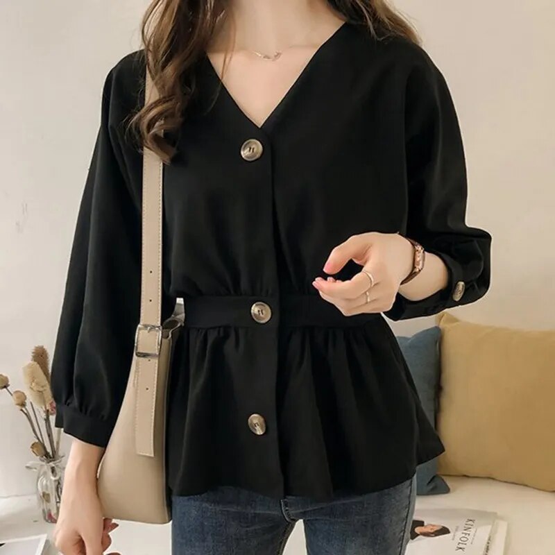 JuliaFashion - 2024 Ruffles Waist V-Neck Autumn Blouses