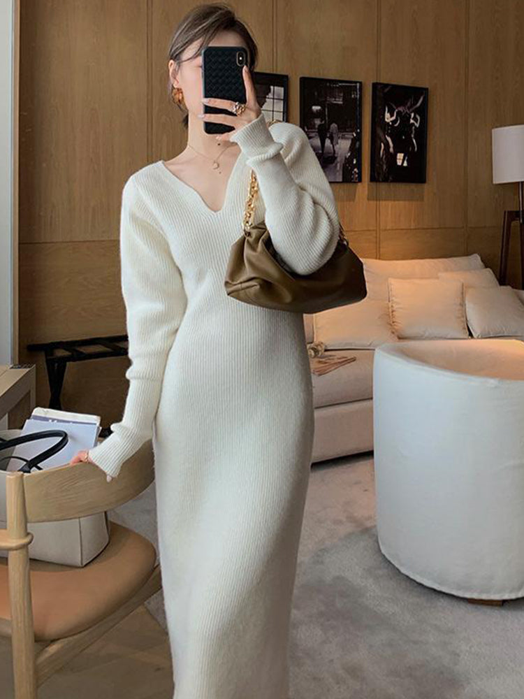 Women's Dress Robe V-Neck Sweater Kintted Dresses