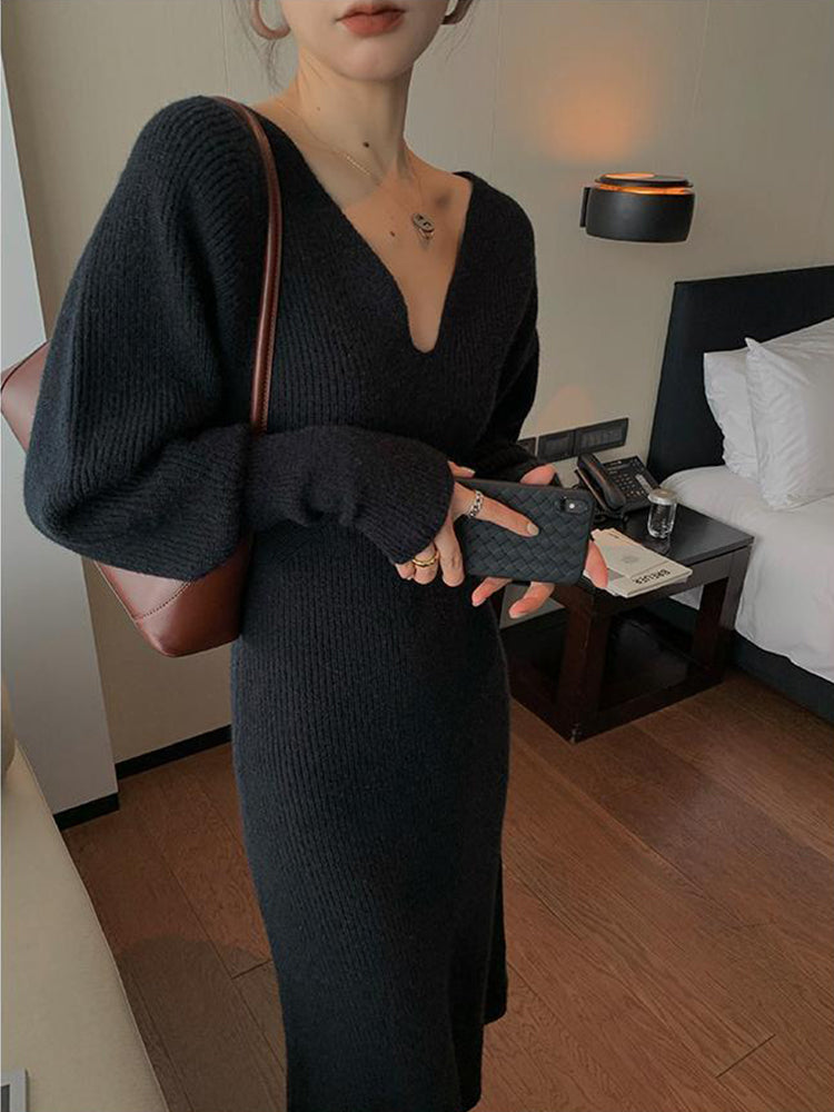 Women's Dress Robe V-Neck Sweater Kintted Dresses