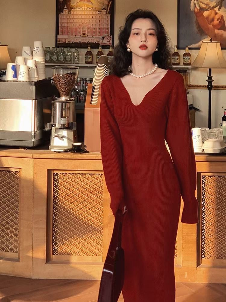 Women's Dress Robe V-Neck Sweater Kintted Dresses