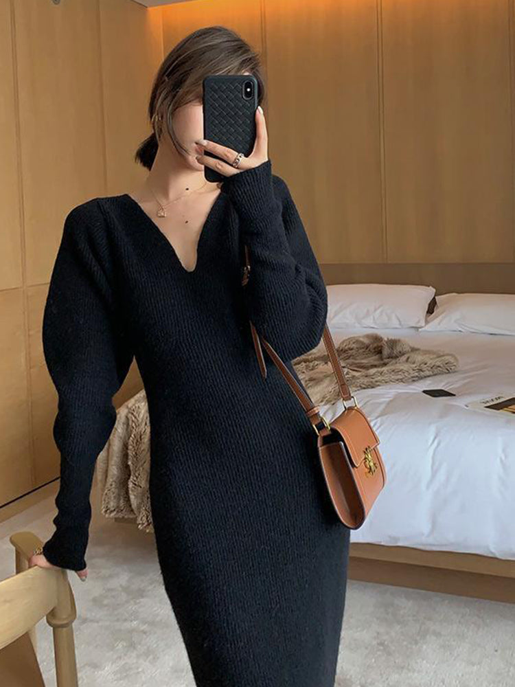 Women's Dress Robe V-Neck Sweater Kintted Dresses