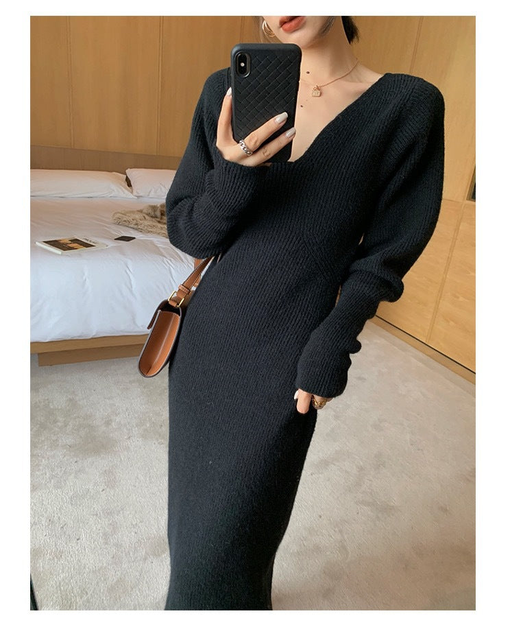 Women's Dress Robe V-Neck Sweater Kintted Dresses
