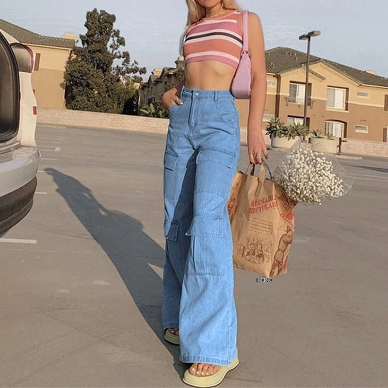 JuliaFashion - 2024 Women's High Waist Baggy Jeans Washed Flap Big Pocket Straight Wide Leg Denim Pants Streetwear