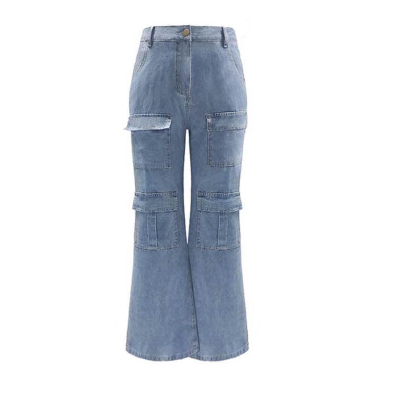 JuliaFashion - 2024 Women's High Waist Baggy Jeans Washed Flap Big Pocket Straight Wide Leg Denim Pants Streetwear