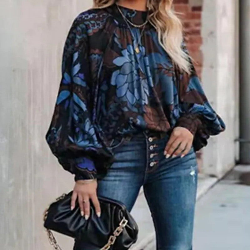 JuliaFashion - 2024 Women's Floral Print Lantern Sleeve Blouse Shirt Tops