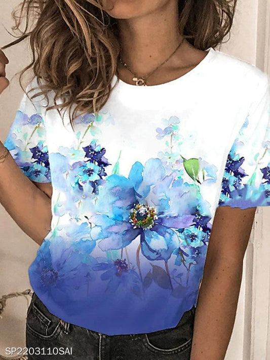 JuliaFashion - 2024 Women's Casual Floral Short-sleeved Round Neck T-shirt