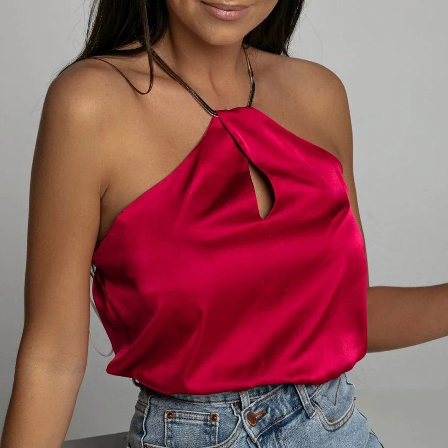 JuliaFashion - 2024 Satin Halter Neck Crop Camis