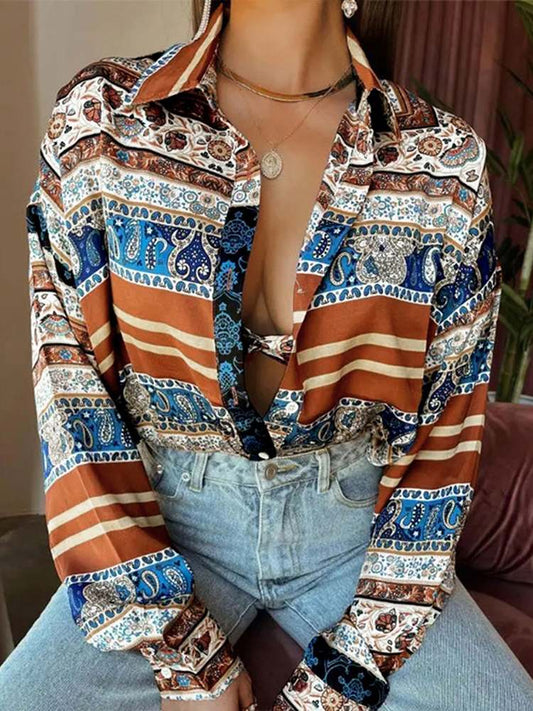 JuliaFashion - 2024 Women Long Sleeve Tops Casual Bohemian Printed Blouse