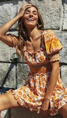 JuliaFashion-Backless Square Collar Elastic Waist Beach Mini Dress