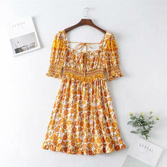 JuliaFashion-Backless Square Collar Elastic Waist Beach Mini Dress