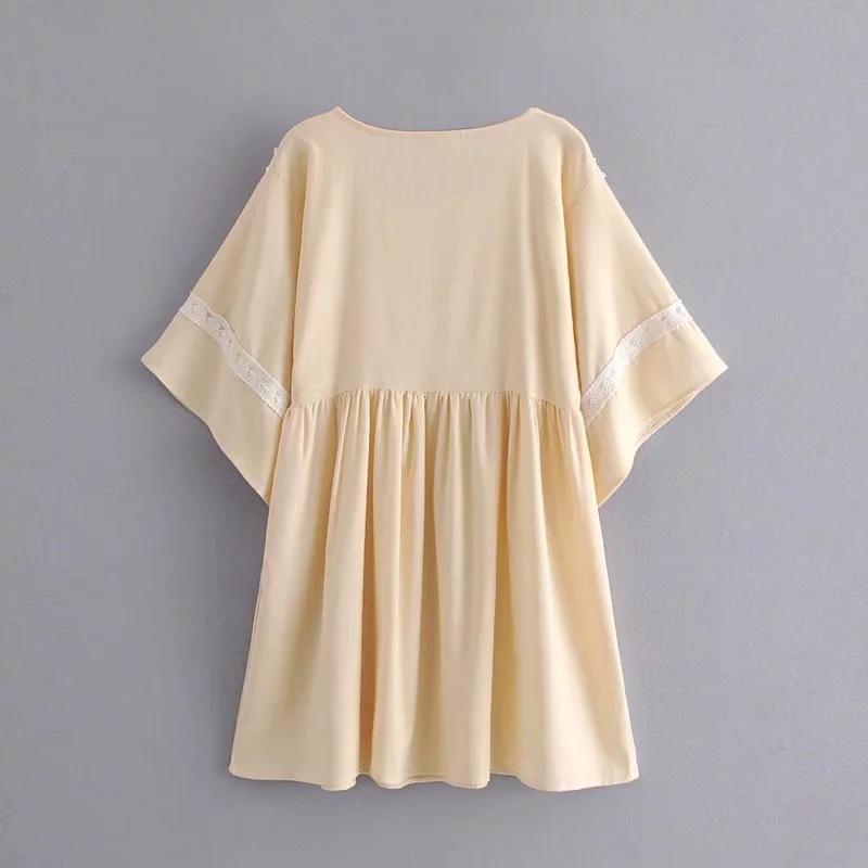 JuliaFashion-Beige Vintage Bohemian Style Mini Dress