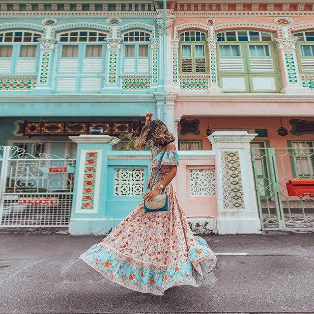 JuliaFashion-Boho Vintage Ruffle Slash Neck Summer Dress