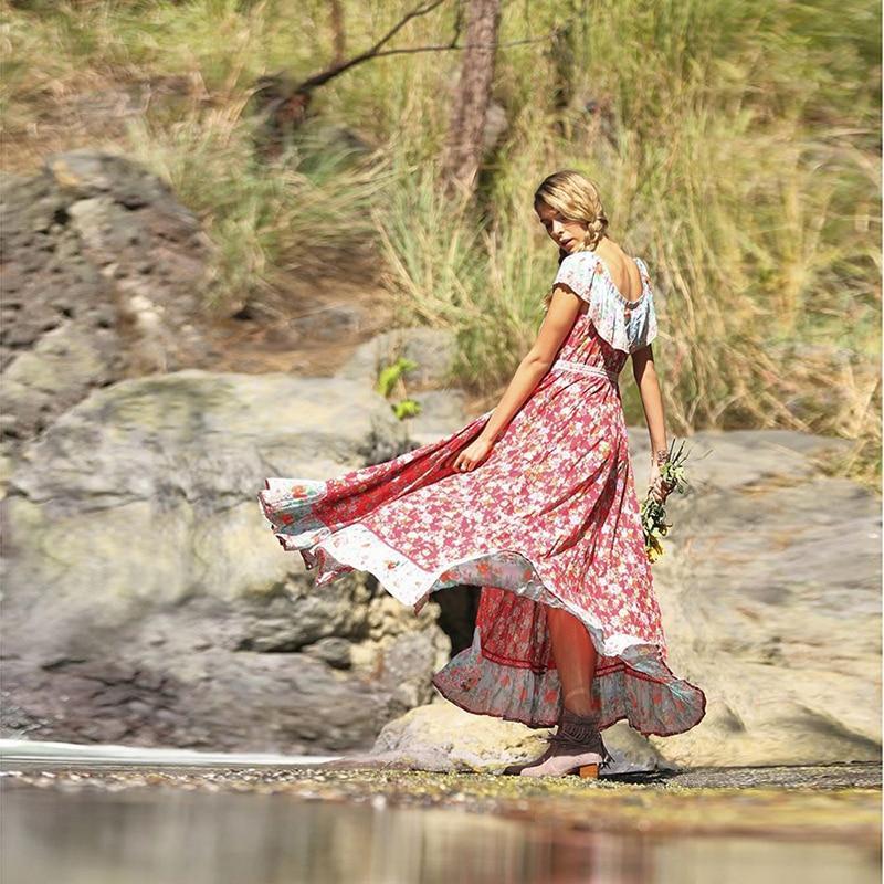 JuliaFashion-Boho Vintage Ruffle Slash Neck Summer Dress